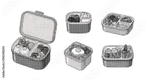 Halftone illustration of sushi rolls in containers from different angles