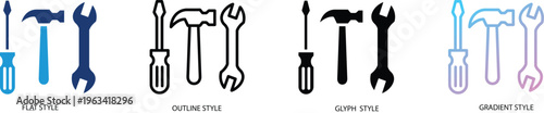Tools icon set in flat, outline, glyph and gradient styles representing repair, maintenance and construction. Concept of fixing, hardware and DIY for web, software and mobile application design.