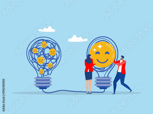 Business people help detached or solve messy chaos line to be simple smiling face,uncertainty or messy chaos problem, help overcome difficulty,Solving anxiety problem concept vector