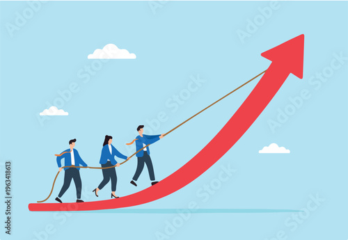 Flat illustration of business leader pulling rope on rising arrow graph with team climbing innovation curve toward business growth