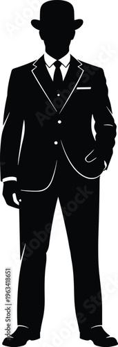 Black and white silhouette of a man wearing a formal suit tie and bowler hat standing on a white background