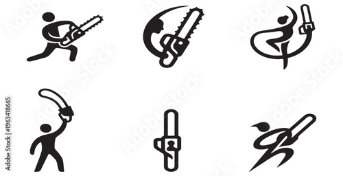 Set of stylized icons representing people interacting with chainsaws and saws in various poses and contexts.