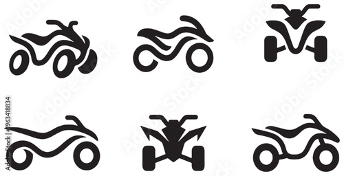 Collection of six stylized black icons representing motorcycles and ATVs, presented in a clean, modern graphic style.