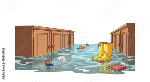 A storage room or basement is heavily flooded with murky water, reaching halfway up wooden cabinets with various items floating.