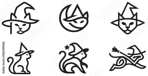 Collection of stylized cat logos wearing witch hats, representing Halloween and magic themes.