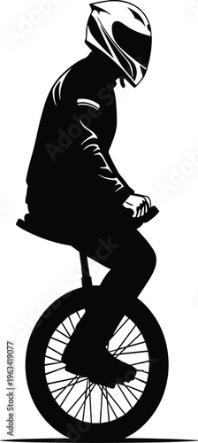 Black and white silhouette of a professional rider wearing a full face helmet and protective gear riding an electric unicycle monocycle