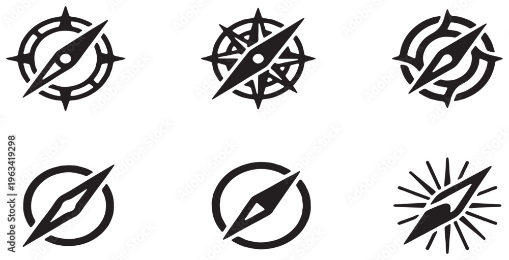 Fototapeta premium Collection of six different compass rose icons and symbols, representing navigation and direction.