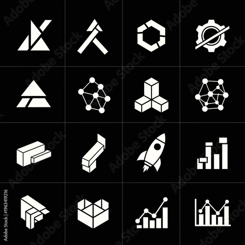 Set of abstract geometric and technological icons in white on a black background.