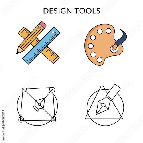 Set of Design Tools Icons Representing Creativity and Artistic Work.