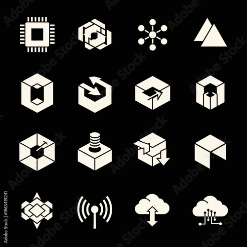 Set of Technology and Computing Icons on a Black Background.