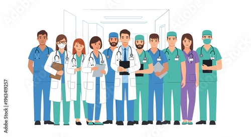 A diverse group of ten medical professionals stands in a hospital corridor.