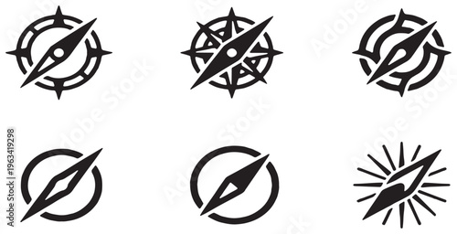 Collection of six different compass rose icons and symbols, representing navigation and direction.