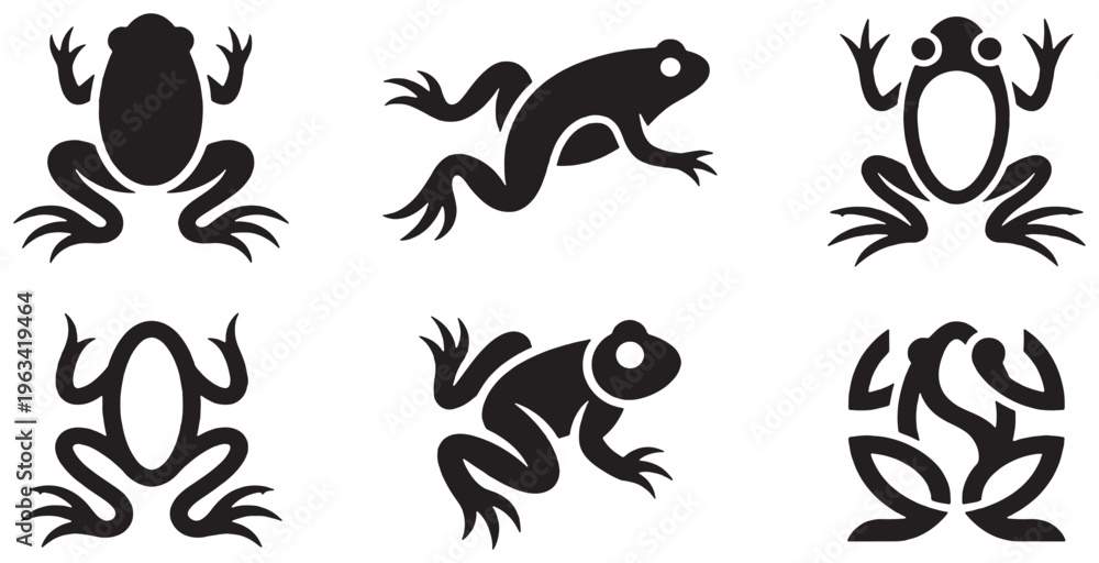 Fototapeta premium Collection of stylized black frog icons in different poses and designs.