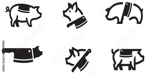 Set of stylized pig icons with butcher knives, representing meat products and butchery.