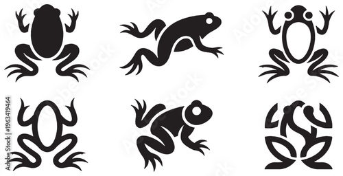 Collection of stylized black frog icons in different poses and designs.