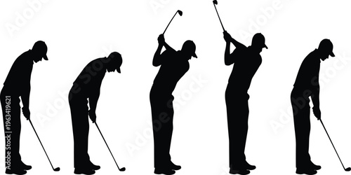 Black and white silhouette sequence showing different stages of a professional male golfer performing a full golf club swing motion