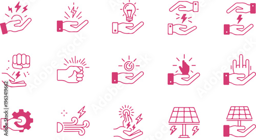 Collection of creative hand gesture icons representing energy ideas solutions and innovation concepts isolated on transparent background