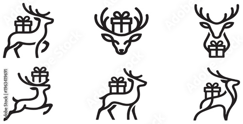 Set of stylized reindeer icons with gift boxes, perfect for Christmas and holiday designs.