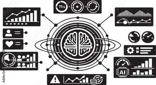 Modern AI Analytics Dashboard Vector, SaaS Admin UI Interface, Minimal Data Visualization Layout, Monochrome | Minimal AI SaaS Dashboard Interface Vector, Analytics UI Panel, Data Visualization Admin