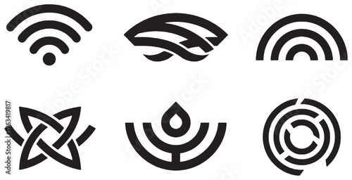 Collection of six abstract black graphic symbols and icons representing connectivity, nature, and patterns.