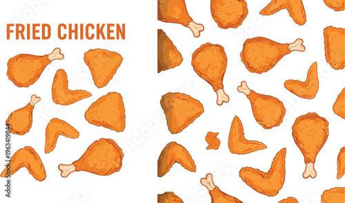 Fried chicken pieces collection with crispy drumsticks and wings, fast food illustration set and seamless pattern isolated on white background for restaurant design