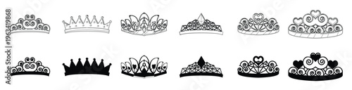 Black tiara crown vector illustration. Queen crown  logo Icon Silhouette vector black design on a white background, Vector illustration.