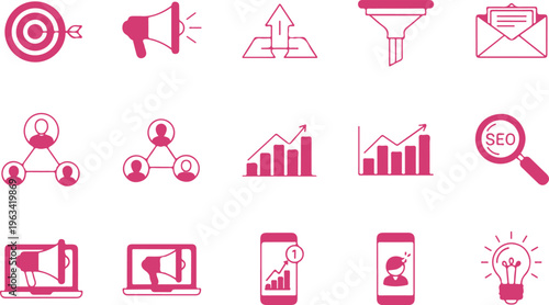 Collection of digital marketing and online business growth icons illustrating strategies like targeting audience engagement analytics seo and content delivery