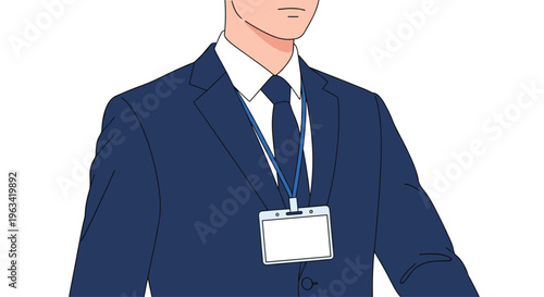 An unidentifiable man in a dark blue suit wears a blank identification badge on a lanyard.