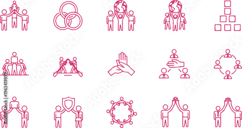 Collection of diverse flat icons depicting various human relationships and social connections in minimalist style