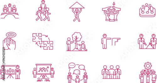 Collection of diverse icons depicting various social community and educational activities with people symbols isolated on transparent background