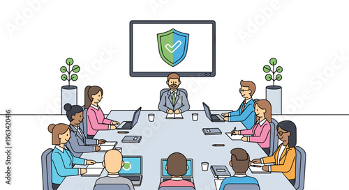Ten cartoon business professionals sit around an oval conference table with laptops, facing a screen displaying a shield with a checkmark.