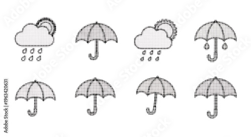 Halftone illustration of umbrellas and rainy clouds in black and white