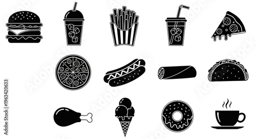 Set of Fast Food Icons in Black and White Style