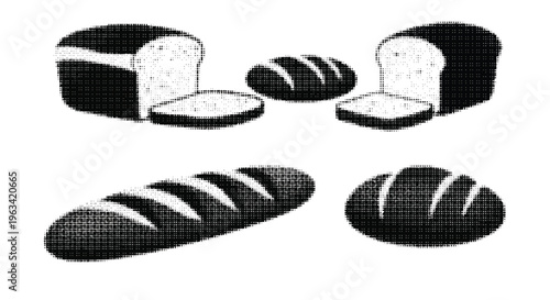 Halftone illustration of various bread loaves and slices  assorted crusty bakery products