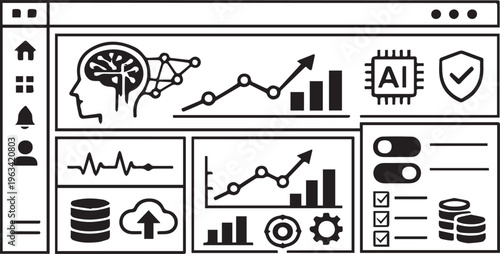 Modern AI Analytics Dashboard Vector, SaaS Admin UI Interface, Minimal Data Visualization Layout, Monochrome | Minimal AI SaaS Dashboard Interface Vector, Analytics UI Panel, Data Visualization Admin