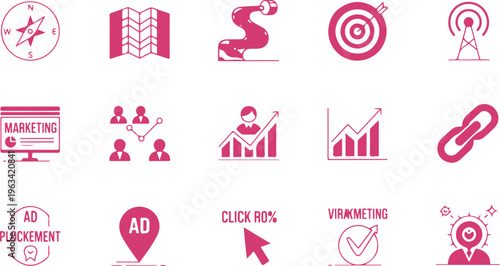Collection of marketing and advertising icons representing digital strategies and business growth concepts on transparent background