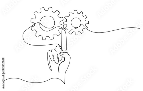 Continuous line drawing of hands holding metal gears. hand drawn metal gears concept in one line doodle style. Continuous Line Drawing of Engineering Icon. Hand Drawn Symbol Vector Illustration.