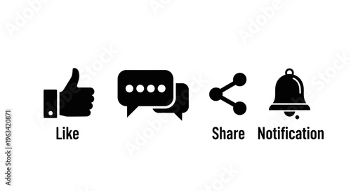 Social Media Engagement Icons Set: Like, Comment, Share, and Notification