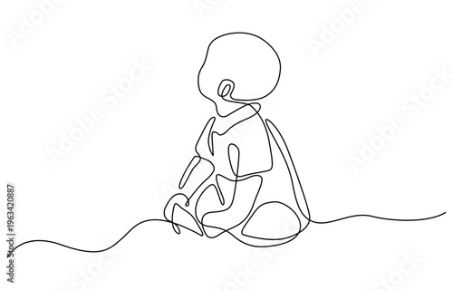 Continuous single drawn of cute baby is sitting on the floor. The baby is sitting while looking up one line sketch on white background. Character a little kid in the minimalist style