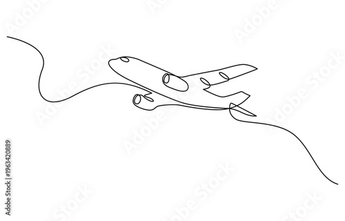 One continuous line drawing of Airplane path. Business Concept of world travel and international flight airline in simple linear style. Plane sign in simple linear style. Vector illustration.