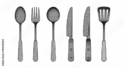 Halftone illustration of various utensils including spoons forks and knives