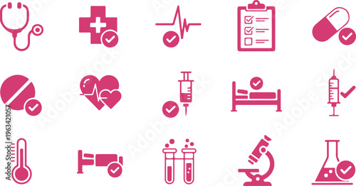 Collection of medical and healthcare icons featuring tools and symbols isolated on transparent background