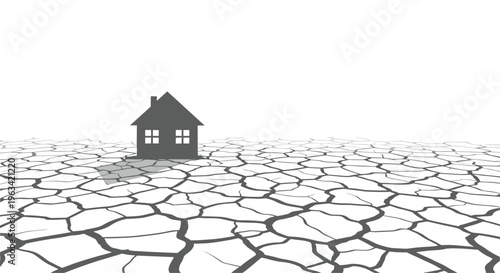 A dark gray house silhouette stands on a light gray cracked earth under a plain white sky.