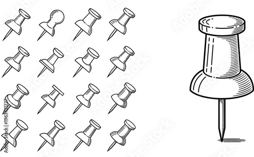 Push pin drawing pin collection with detailed outline and engraved style, office stationery illustration set isolated on white background for design and education