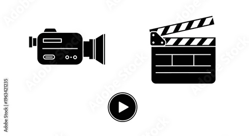 Video Production Icons Set Featuring Camera Clapperboard and Play Button