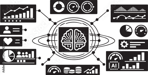 Modern AI Analytics Dashboard Vector, SaaS Admin UI Interface, Minimal Data Visualization Layout, Monochrome | Minimal AI SaaS Dashboard Interface Vector, Analytics UI Panel, Data Visualization Admin
