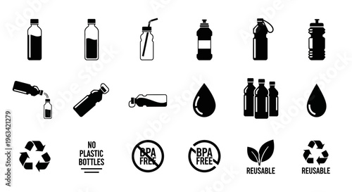 Set of Eco-Friendly Water Bottle and Recycling Icons