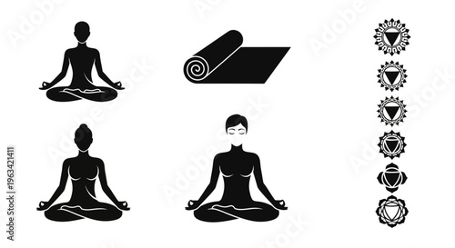 Yoga Meditation Icons Set with Chakra Symbols and Lotus Pose Silhouettes