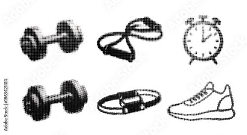 Halftone illustrations of fitness and fashion accessories and a clock on white background