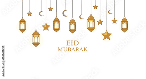 Golden lanterns, stars, and crescent moons hang above EID MUBARAK text on a white background.